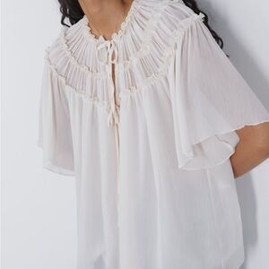 White Ruched Tie Front Blouse with Bib Collar